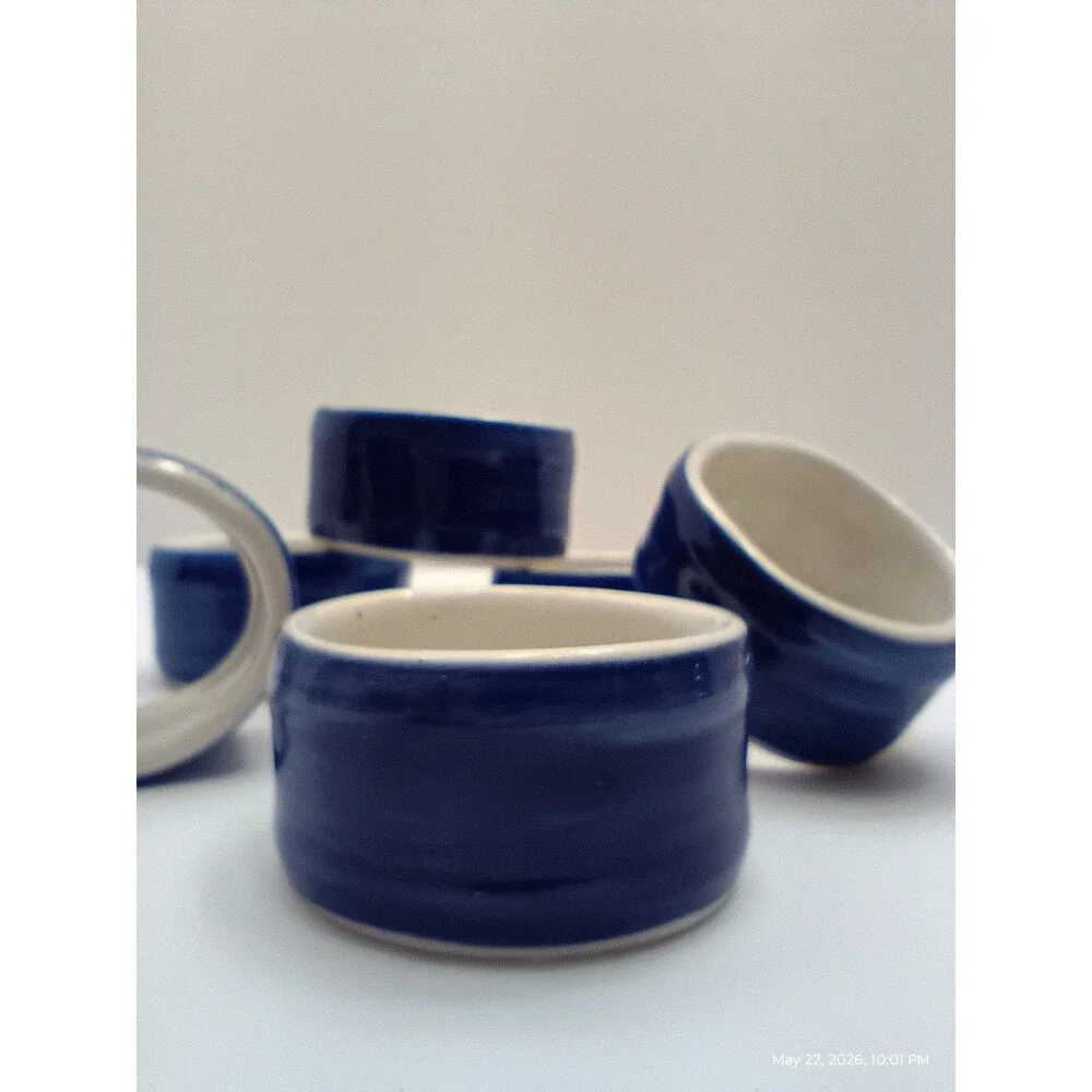 SET OF 6 - Glossy Blue & White Striped Ceramic NAPKIN RINGS, Modern. NICE!